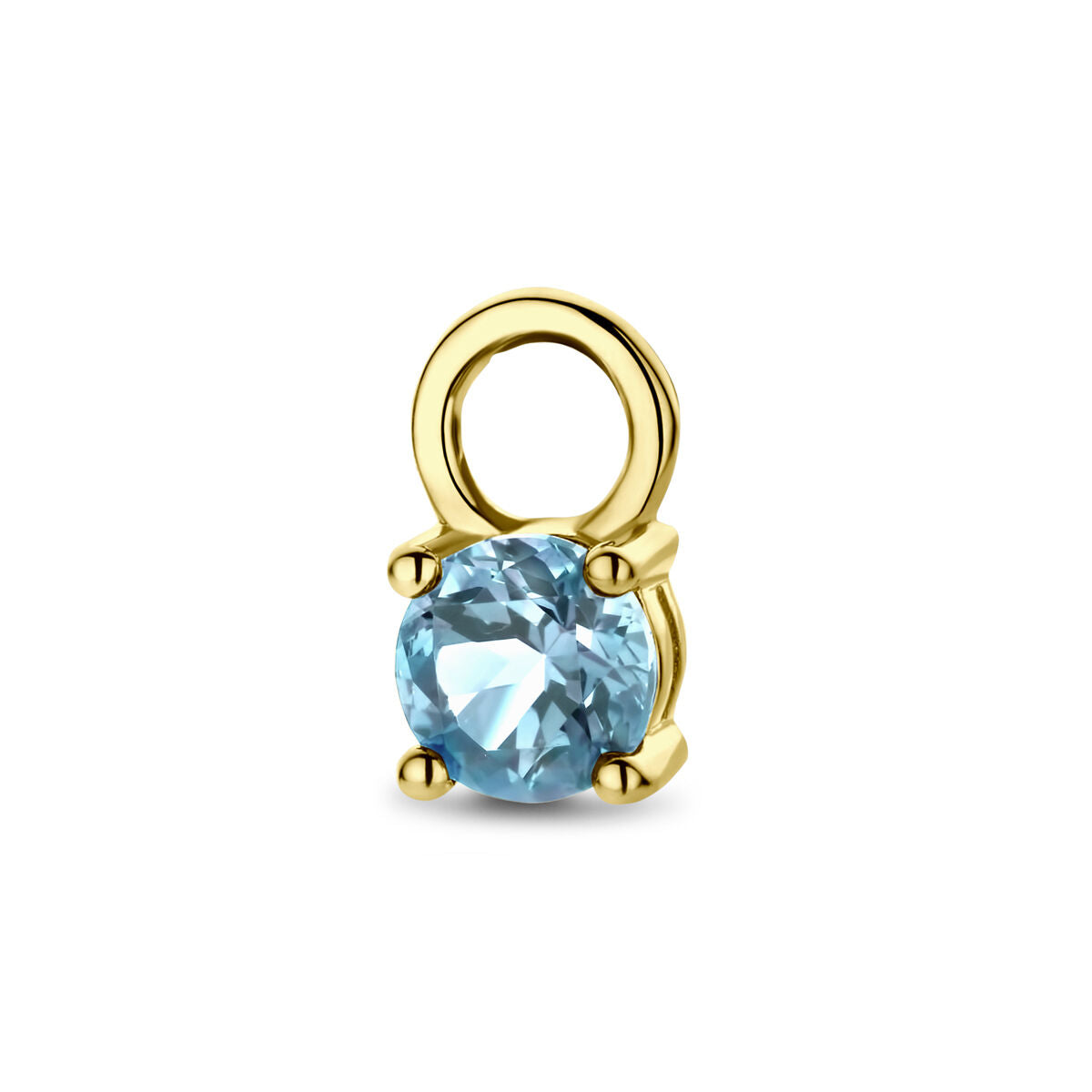 Orecchino pendente in oro giallo 14K con topazio blu, forma rotonda e finitura lucida.