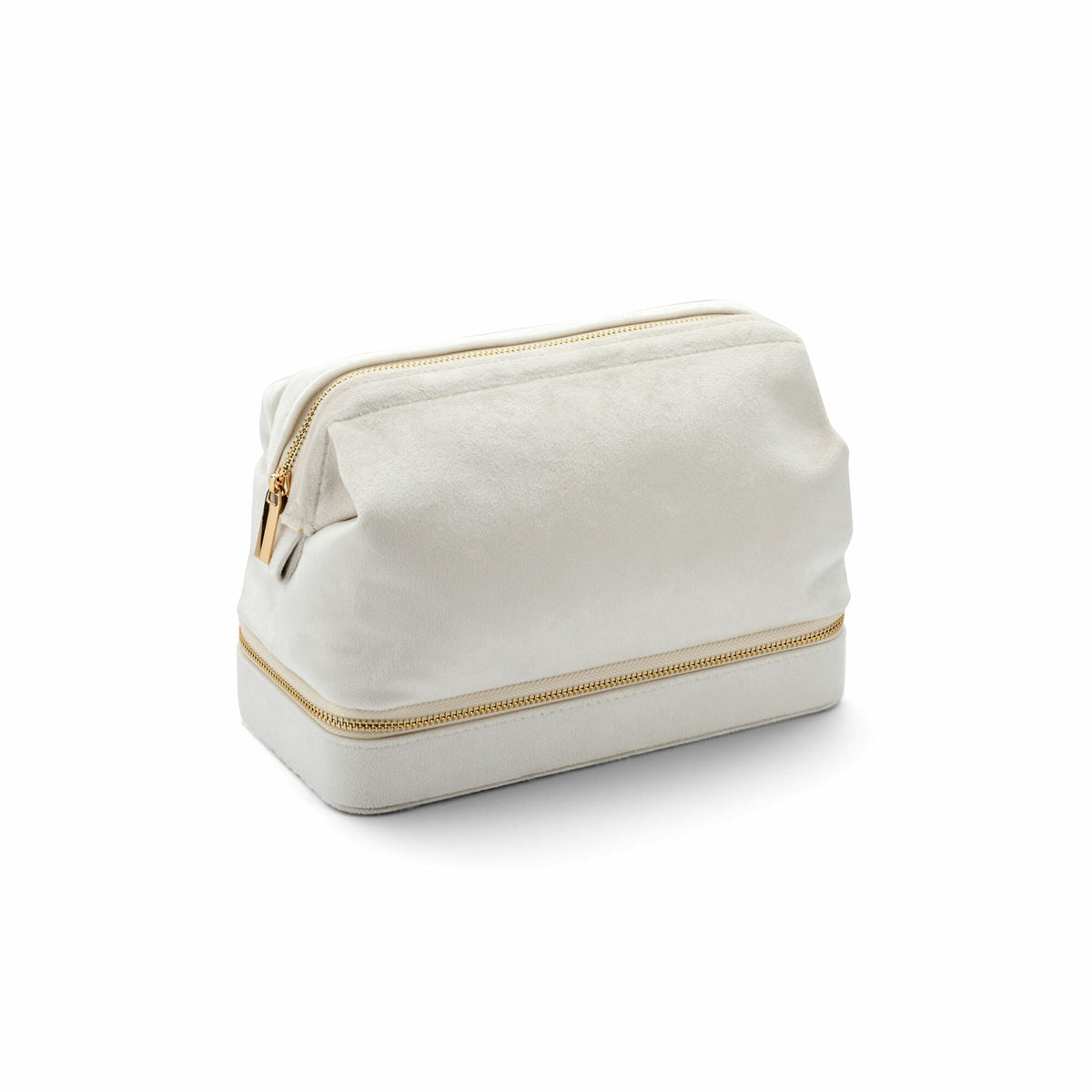 Scatola per gioielli bianca con zip e dettagli dorati, design elegante e pratico.