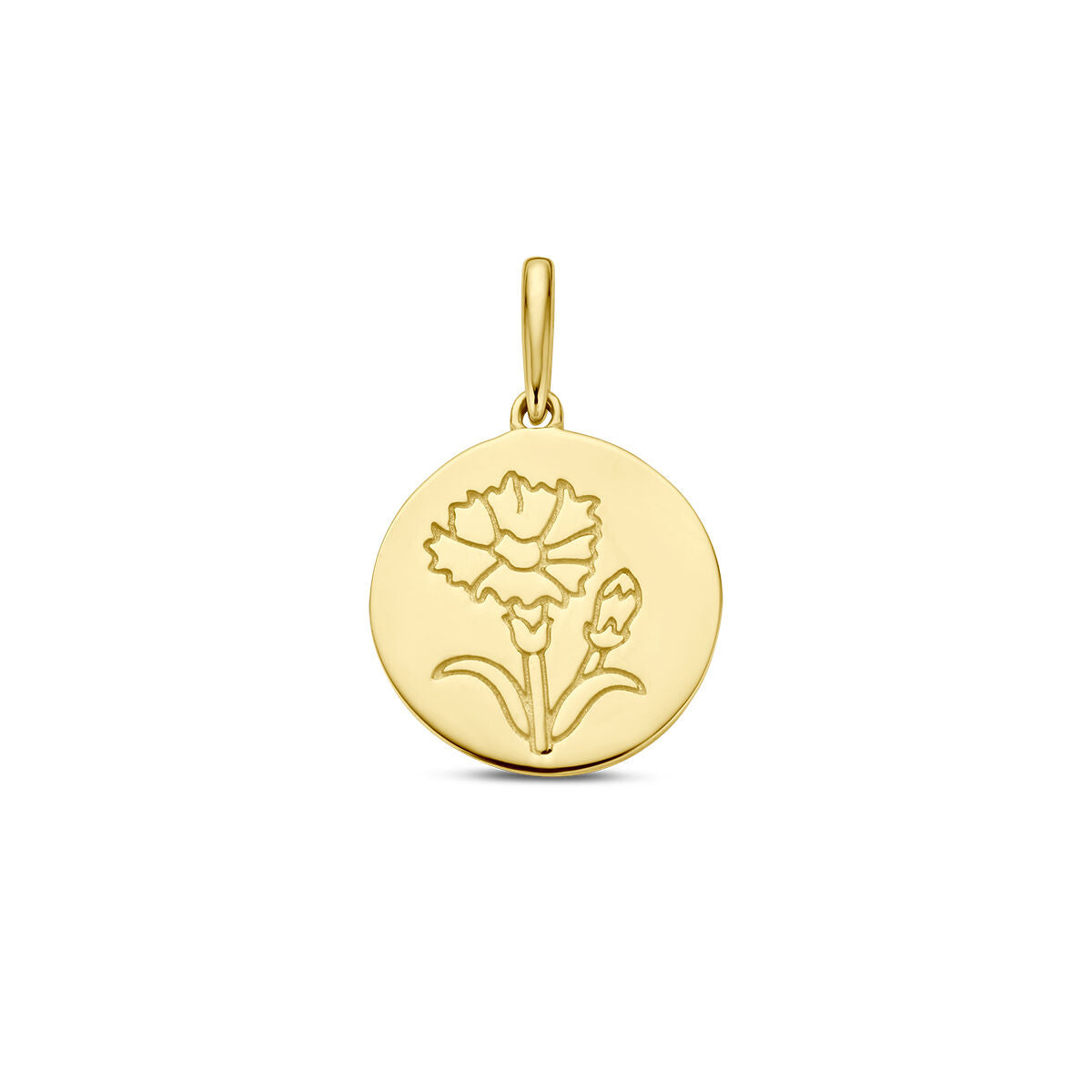 De hanger met geboortebloem 14K geelgoud van Van der Kooij Collectie heeft een gegraveerde anjerbloem en knop, een gepolijste afwerking en een klein lusje: perfecte geboortebloem sieraden.