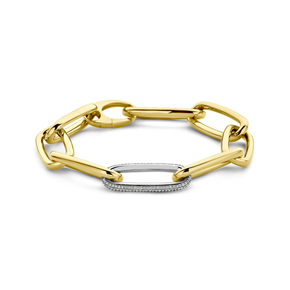 Bracciale in oro bicolore giallo e bianco con maglie a forma di clip di carta e diamante da 0,76 ct.
