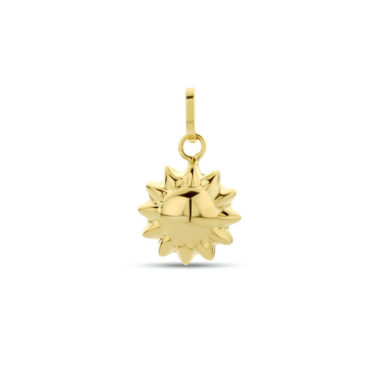 Ciondolo a forma di sole in oro giallo 14K con dettagli tridimensionali.