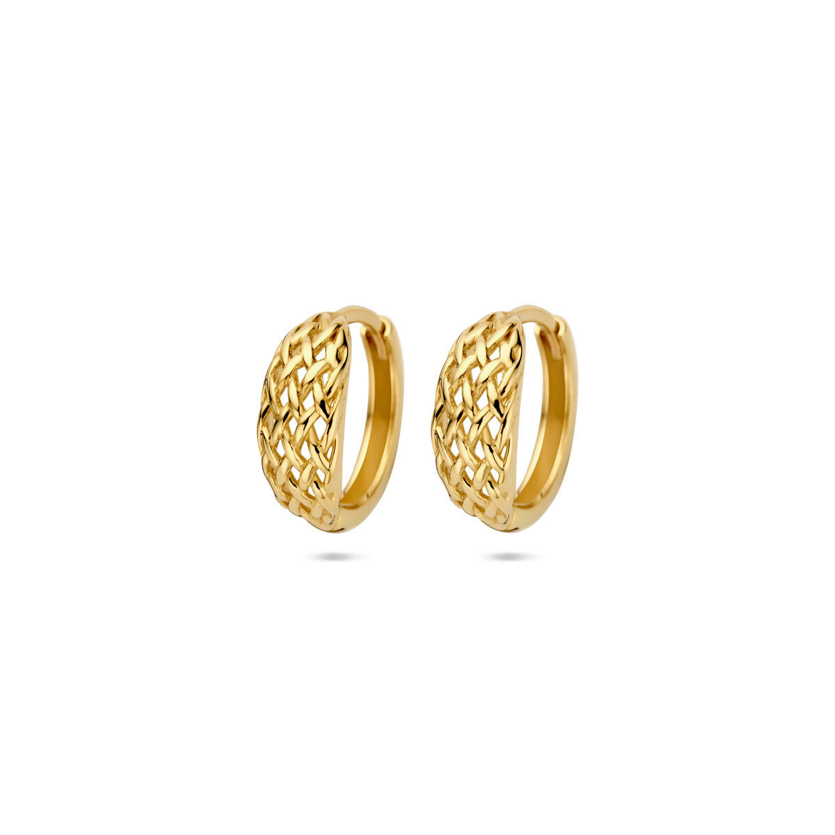 Gevlochten klapoorringen van 14K geelgoud met een diameter van 13 mm.