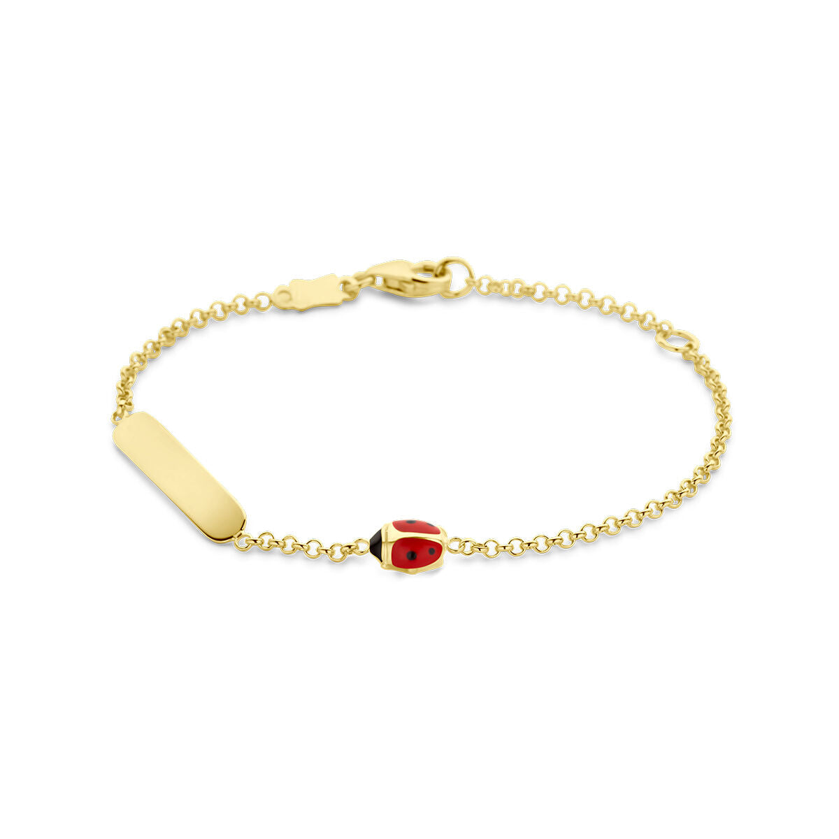 Bracciale in oro giallo con piastrina e ciondolo a forma di coccinella.