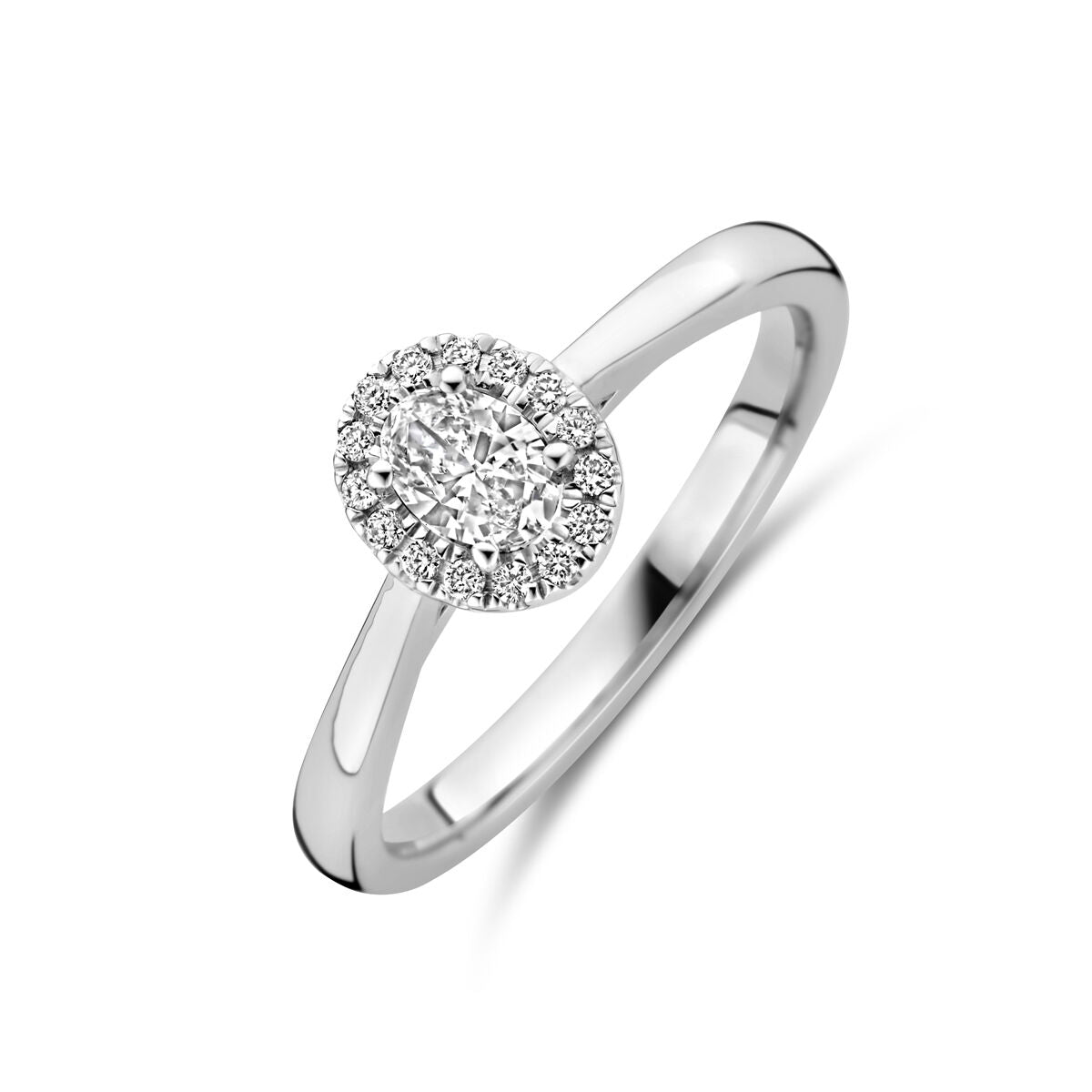 anello in oro bianco 14K con diamante lab-grown da 0,32 ct, design rotondo con pavé di diamanti.