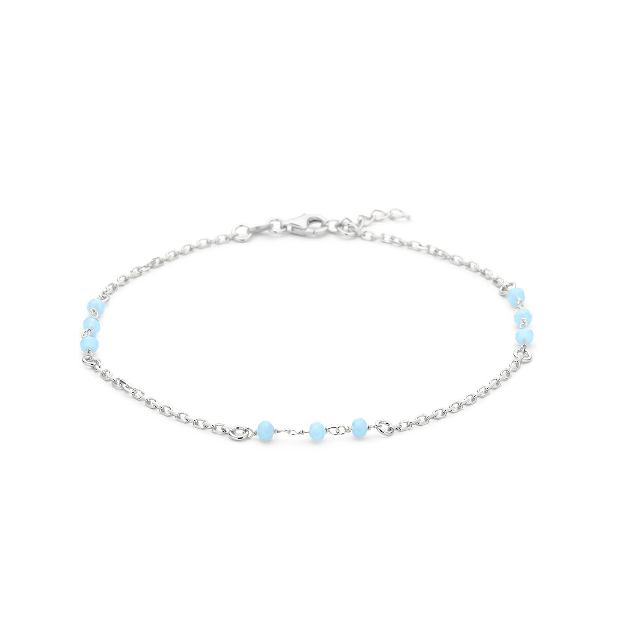 Bracciale in argento rodiato con perline di cristallo blu, lunghezza 24 + 2 cm.