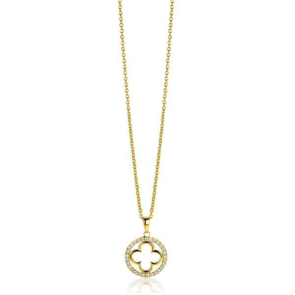 Collana dorata con ciondolo a forma di fiore, decorata con pietre brillanti.