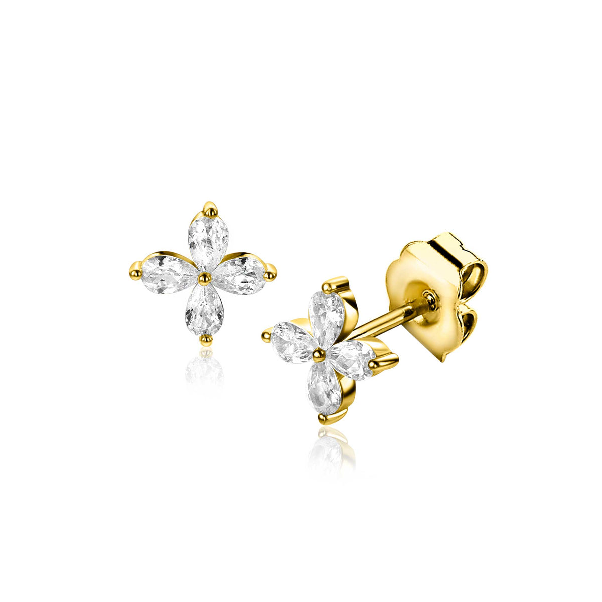 Orecchini in argento placcato oro a forma di fiore con pietre brillanti.