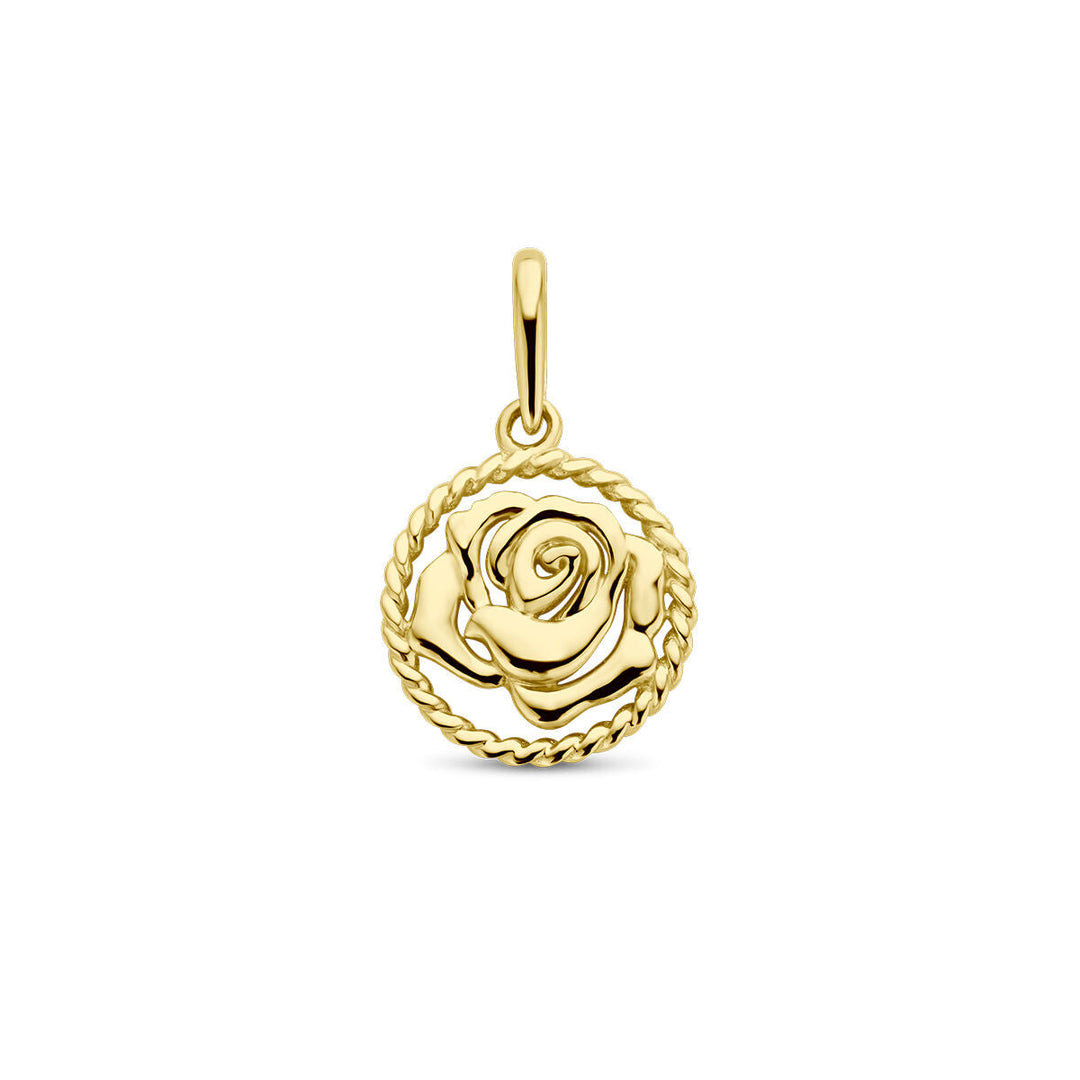 De hanger met geboortebloem 14K geelgoud uit de Van der Kooij Collectie heeft een gedetailleerd rozenontwerp in een gedraaide cirkelrand en is ideaal als luxe sieraad voor aan een ketting.