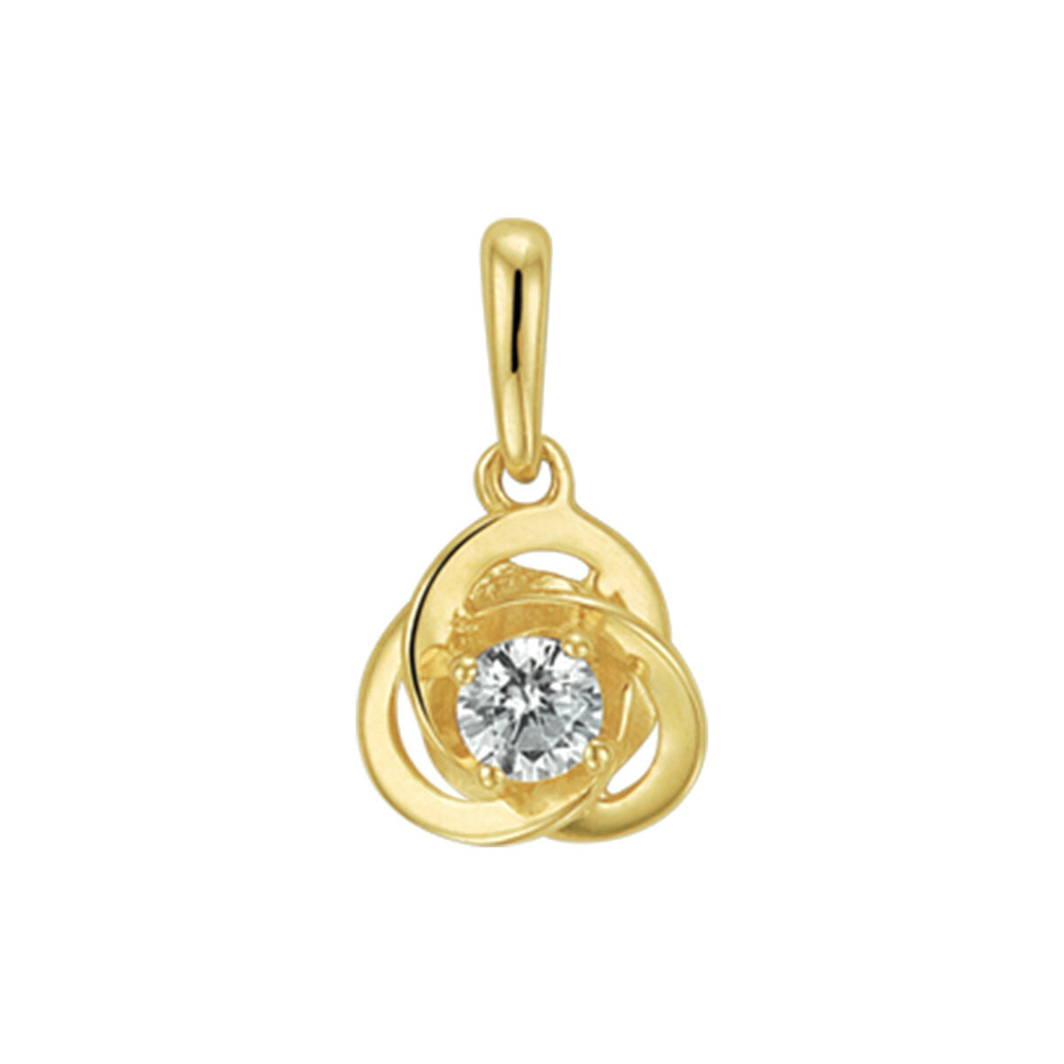 Ciondolo in oro giallo 14K con zircone centrale, design intrecciato.