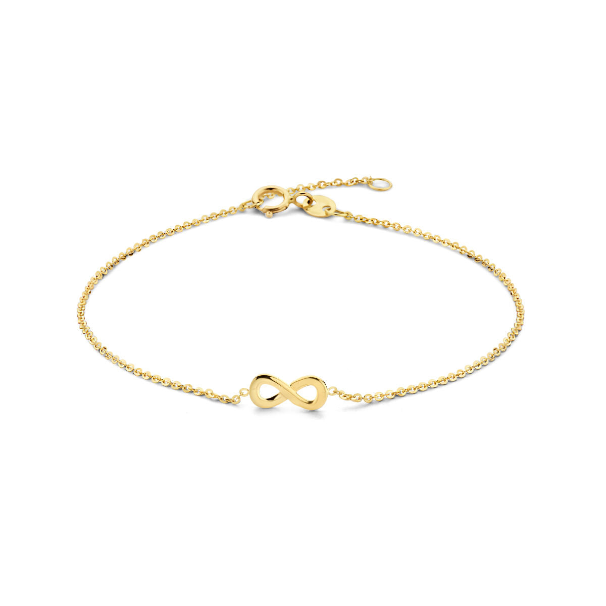Bracciale in oro giallo 14K con simbolo dell'infinito centrale.