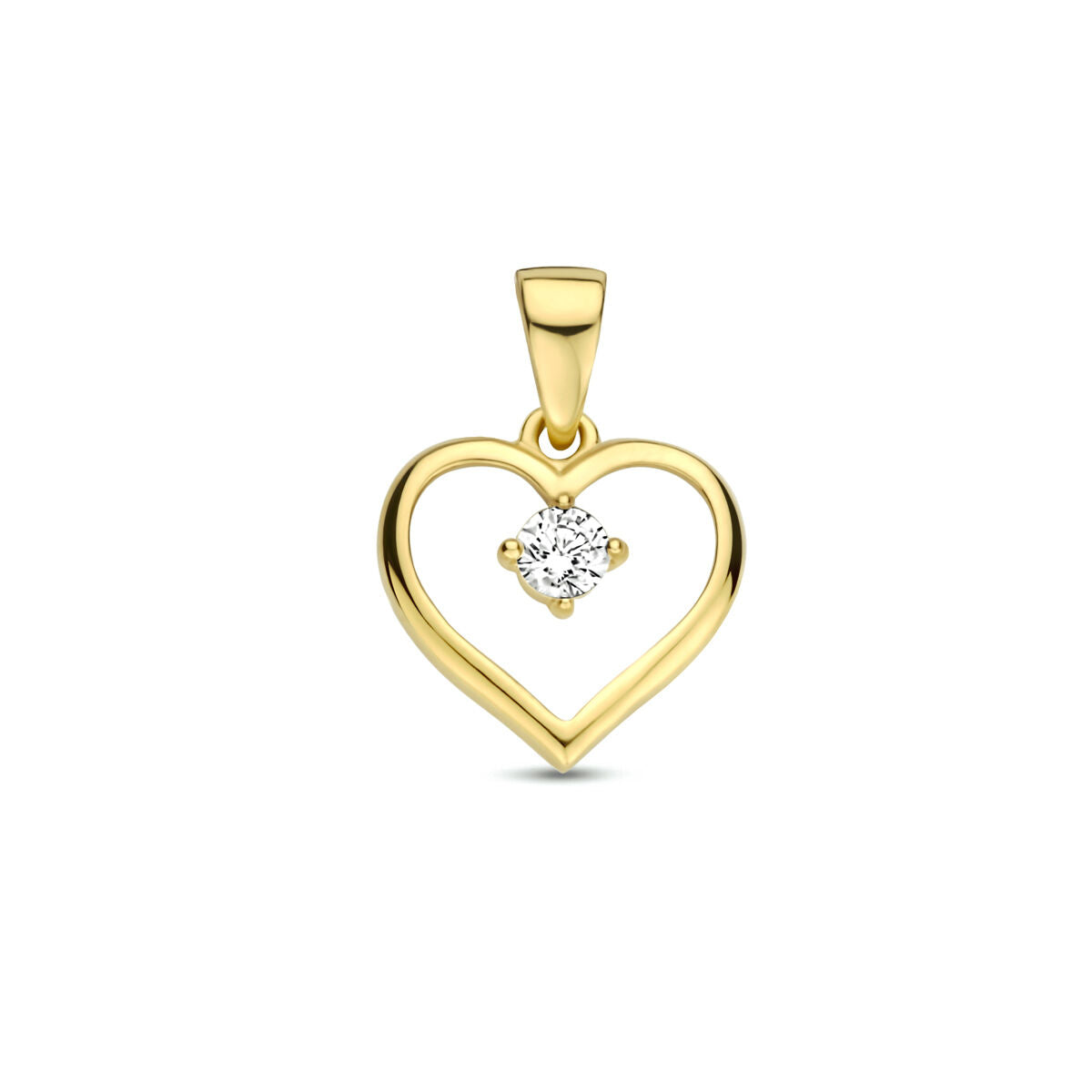 Ciondolo a forma di cuore in oro giallo 14K con zircone centrale.