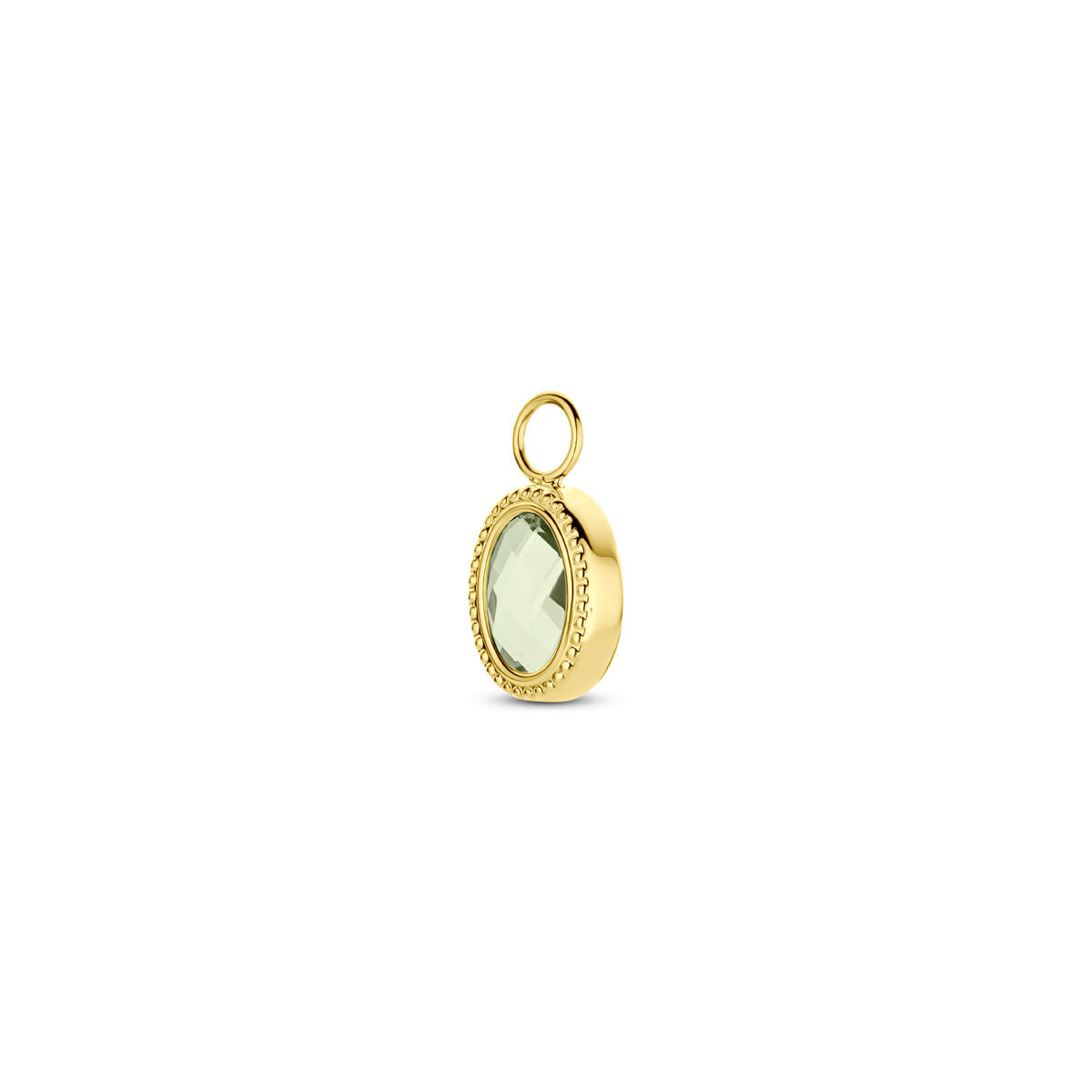 Ciondolo in oro giallo 14K con ametista verde, forma ovale e finitura lavorata.