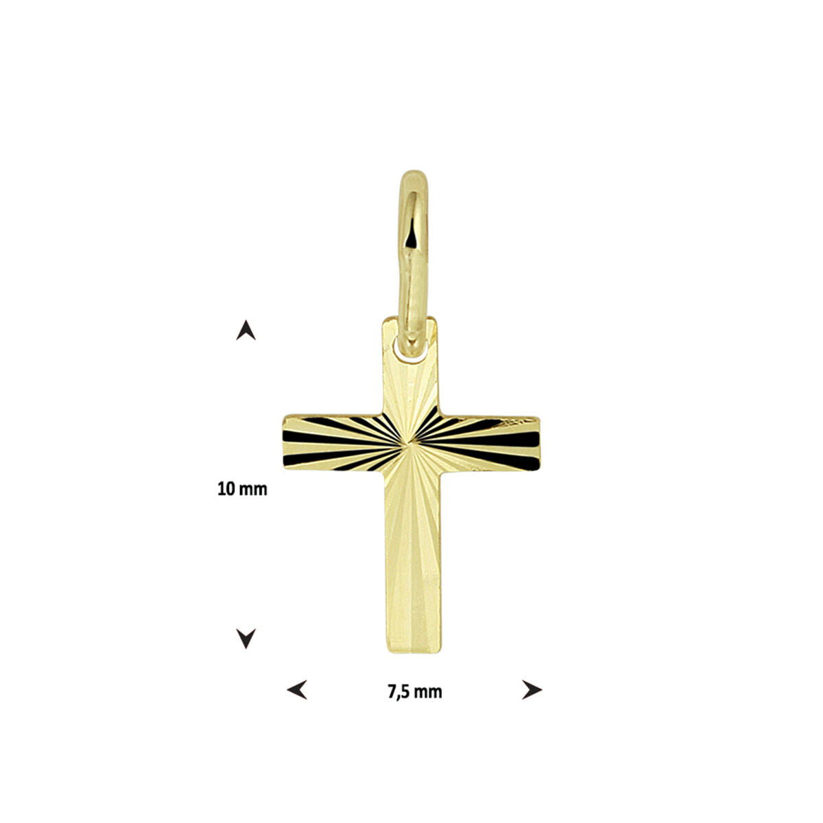 Ciondolo a forma di croce in oro giallo massiccio 14K, con finitura lucida e dettagli incisi.