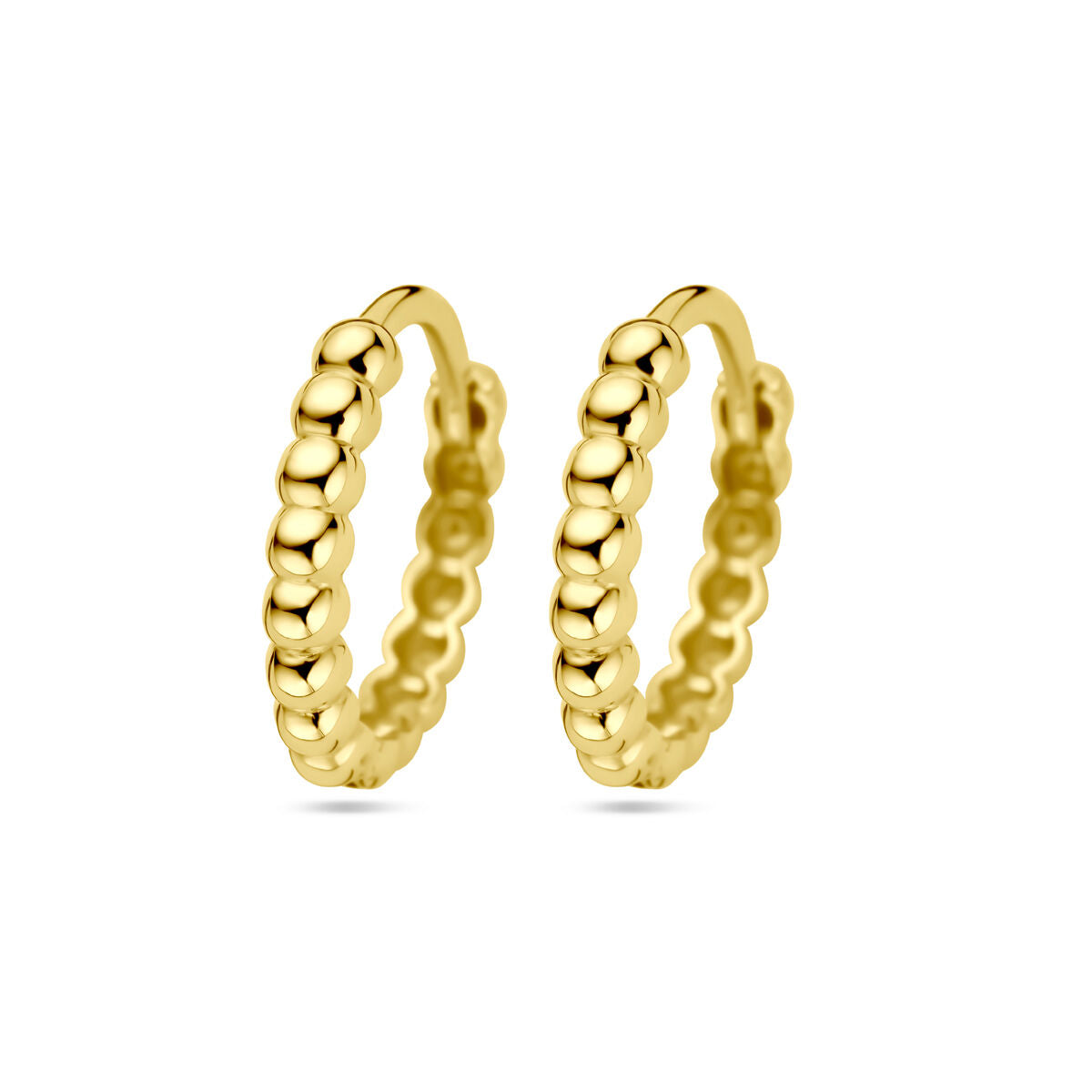 Orecchini alla creola in oro giallo 14K con pallini decorativi.