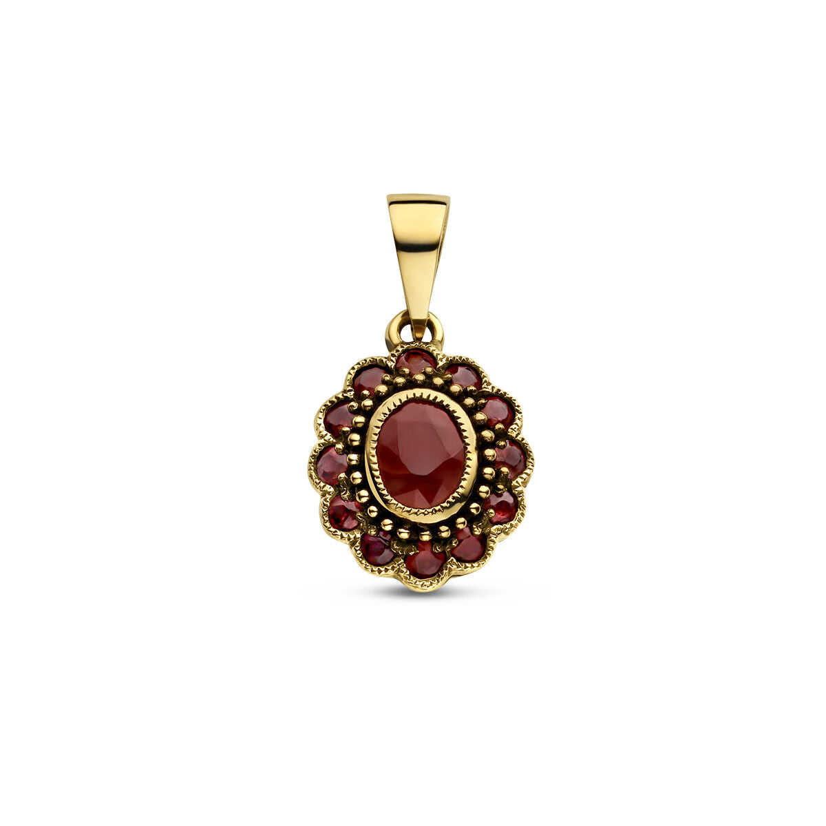 Ciondolo in oro giallo 14K con un grande rubino ovale circondato da piccole pietre rosse.