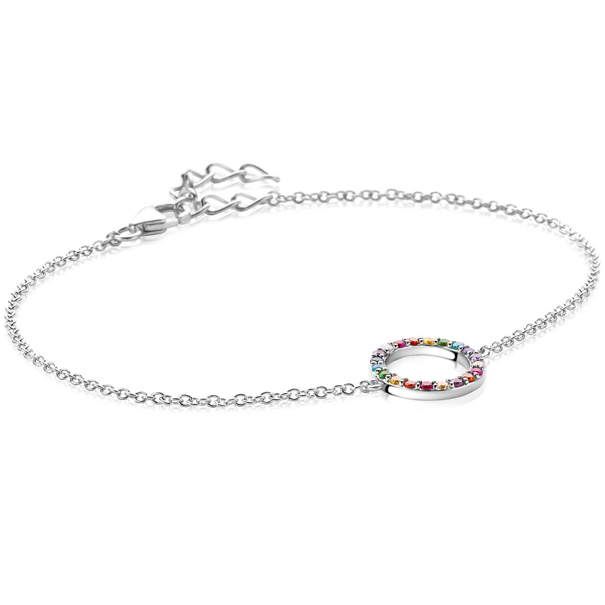 Bracciale in argento con un cerchio decorato da pietre multicolori, lunghezza regolabile.