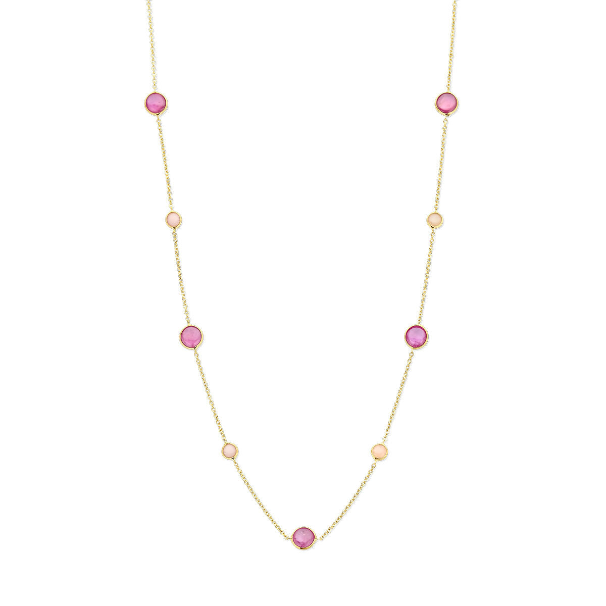 Het Van der Kooij Collectie collier roze robijn en roze opaal (42-45 cm) is uitgevoerd in 14K geelgoud, met afwisselend roze robijn en roze opaal edelstenen aan een fijne gouden ketting.