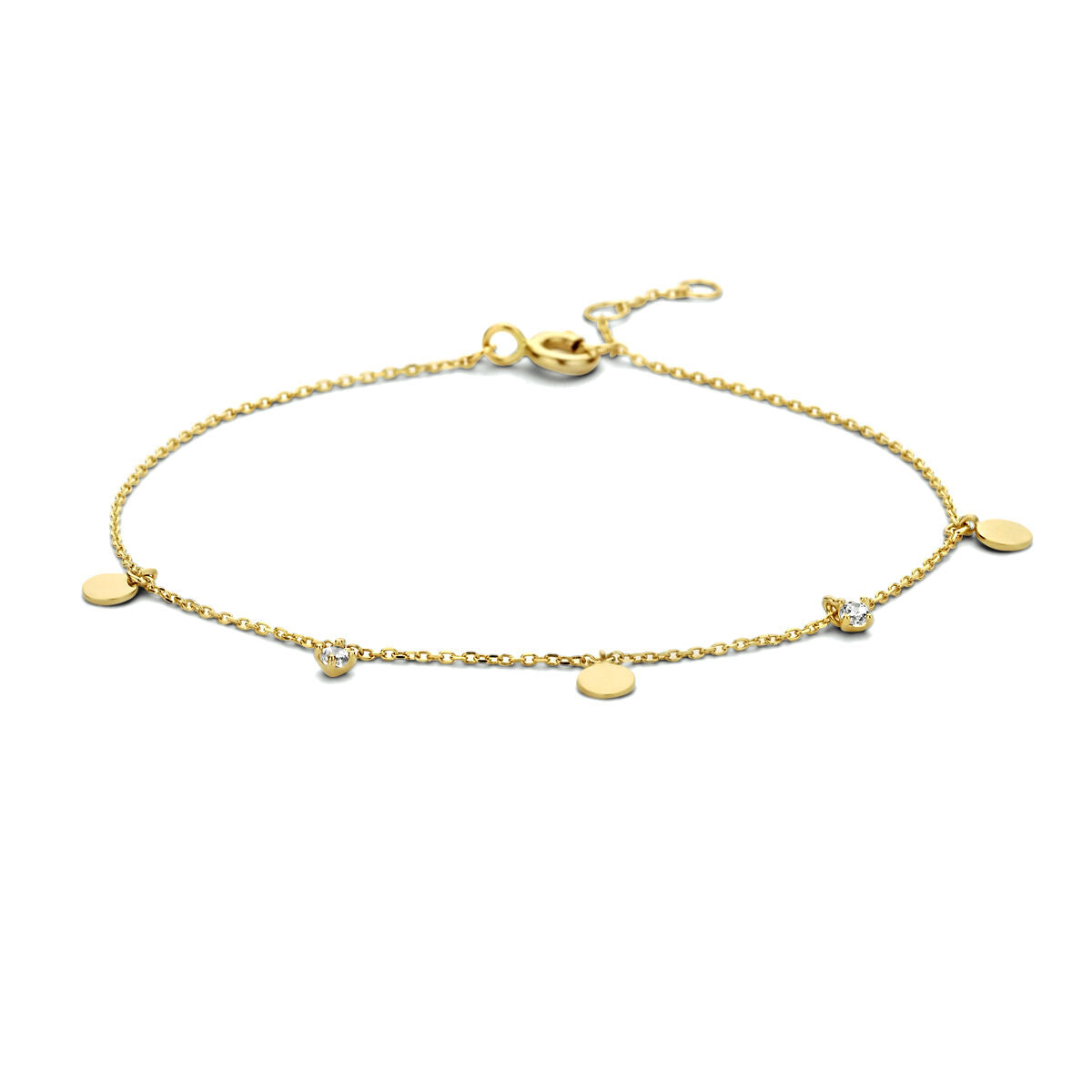 Bracciale dorato con cerchietti e zircone, realizzato in oro 14K.