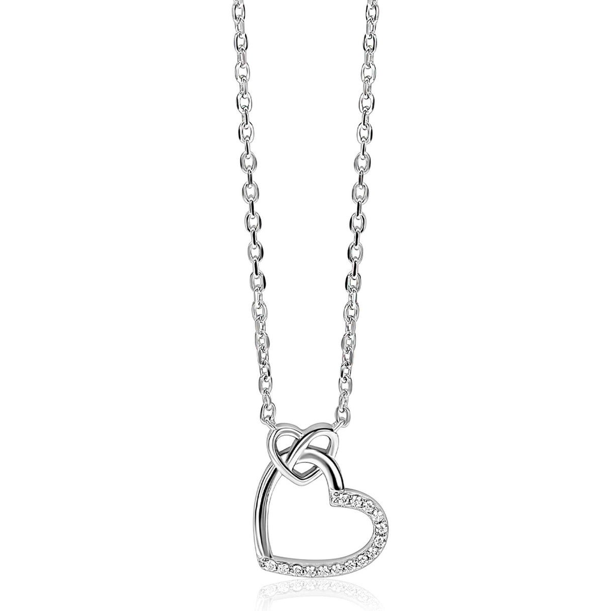 Collana in argento con due cuori eleganti, uno dei quali decorato con pietre brillanti.