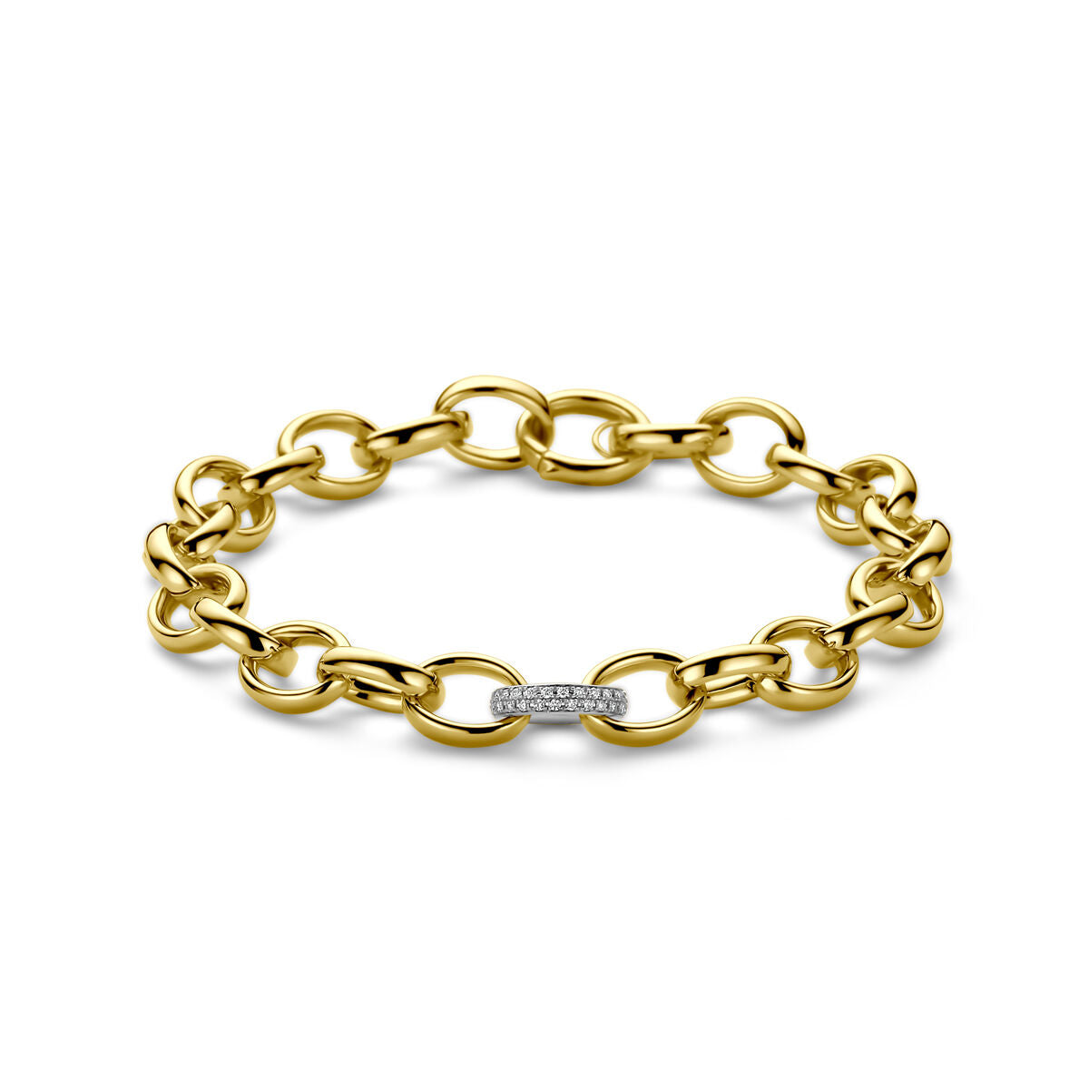 Bracciale in oro bicolore giallo e bianco con maglie fantasia e diamante da 0,18 ct.