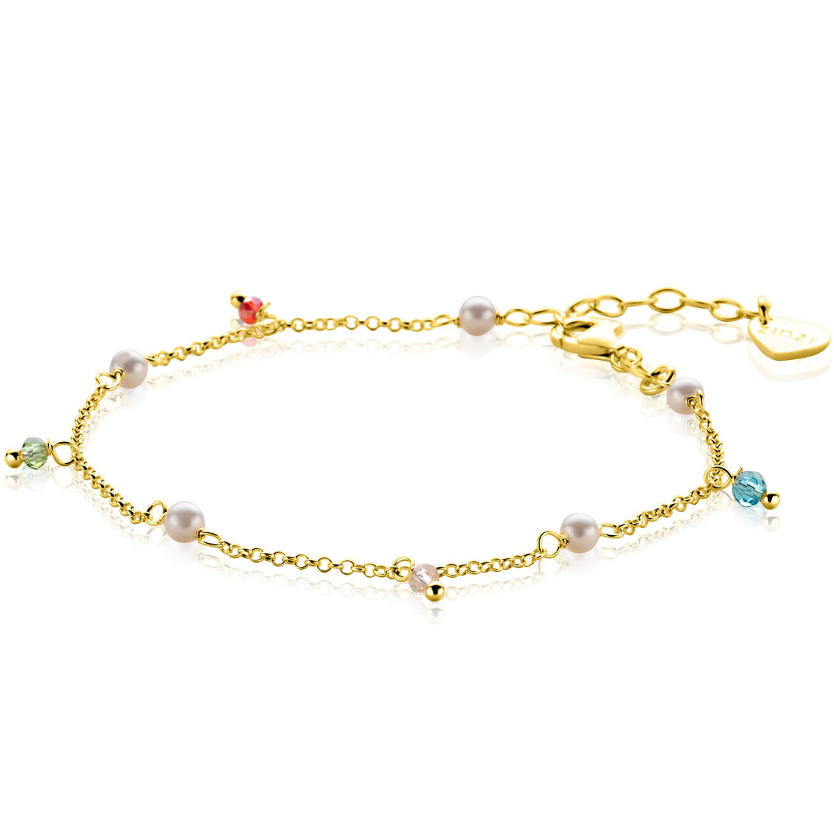 Bracciale in oro placcato con perle e pendenti colorati.