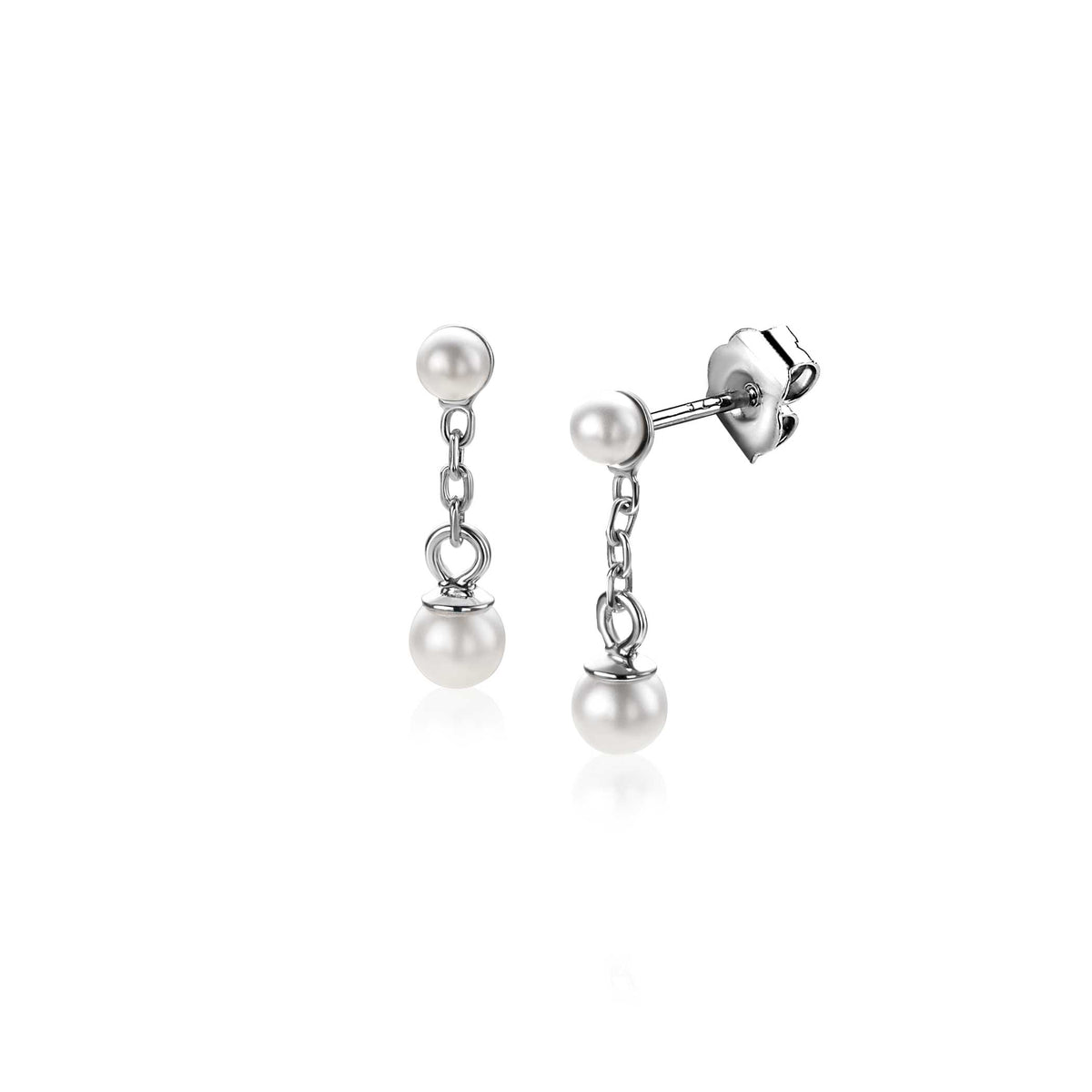 Orecchini in argento con perle pendenti, design a catena con due perle.