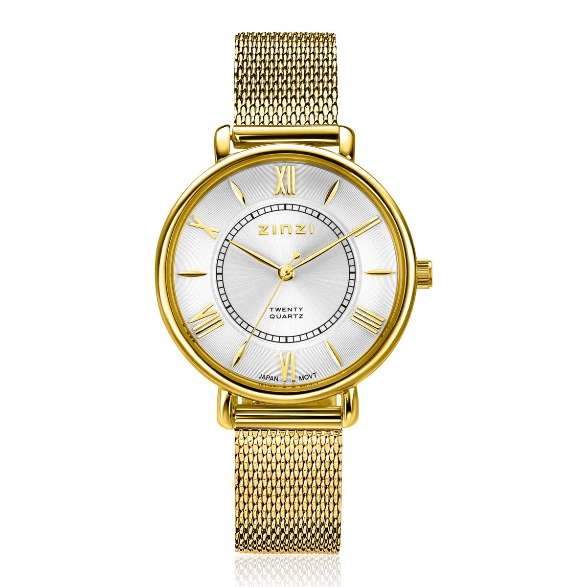 Orologio dorato con quadrante argentato, cassa rotonda e cinturino in maglia.