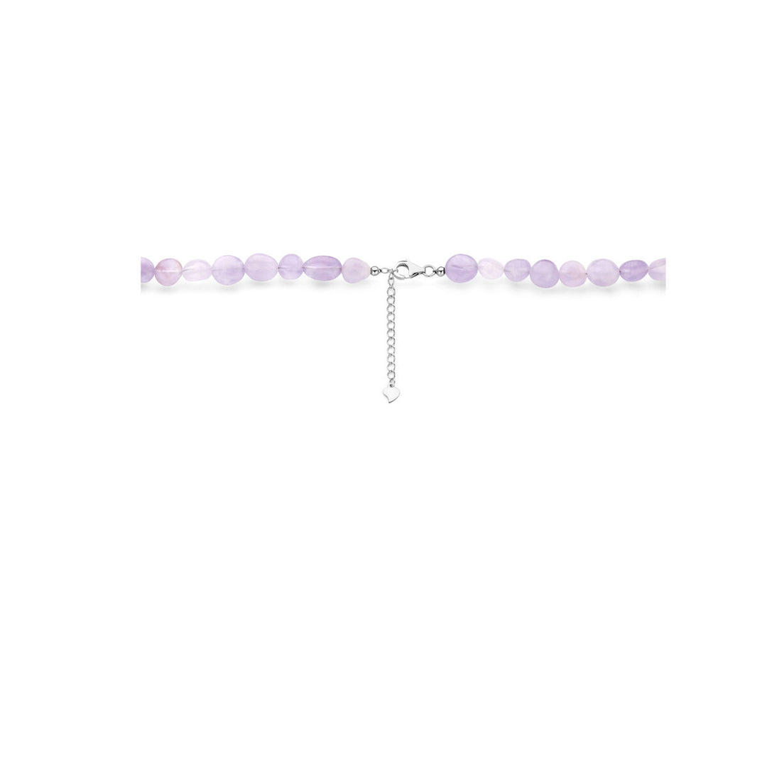 De Van der Kooij Collectie collier amethist 40 + 5 cm zilver gerhodineerd heeft lichtpaarse amethist ronde kralen, een gerhodineerd zilveren slotje en een verstelbare ketting, afgebeeld op een witte achtergrond.