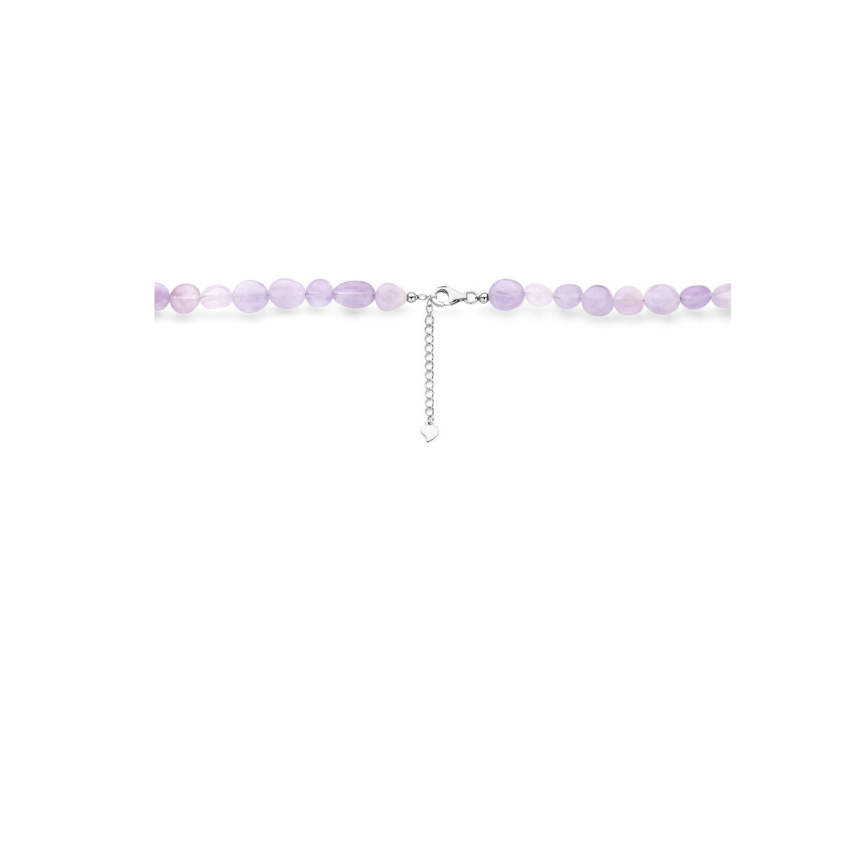 De Van der Kooij Collectie collier amethist 40 + 5 cm zilver gerhodineerd heeft lichtpaarse amethist ronde kralen, een gerhodineerd zilveren slotje en een verstelbare ketting, afgebeeld op een witte achtergrond.