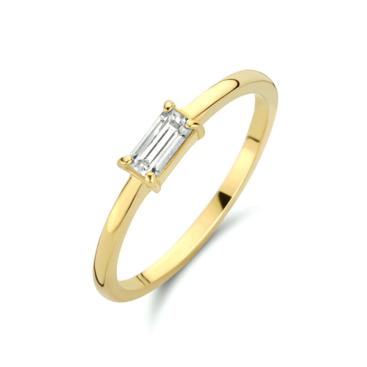 Anello in oro giallo 14K con zircone, design minimalista e forma rettangolare.