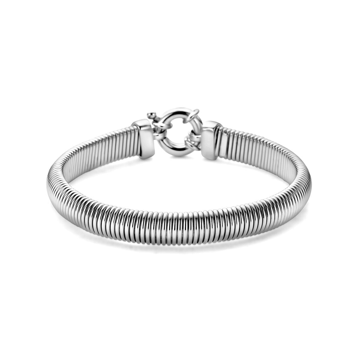 Bracciale da donna in argento con grande chiusura a molla, finitura rodiata.