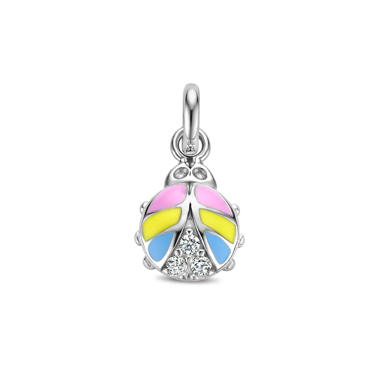 Ciondolo a forma di coccinella in argento rodiato con zircone e smalto colorato.