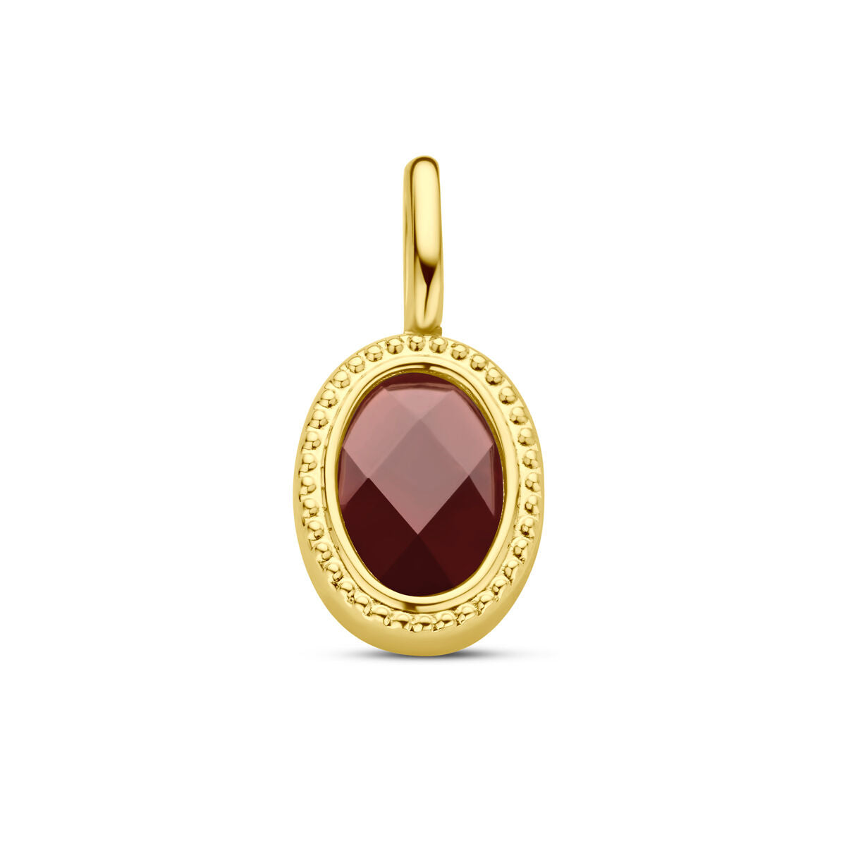 Ciondolo in oro giallo 14K con granato ovale sfaccettato.