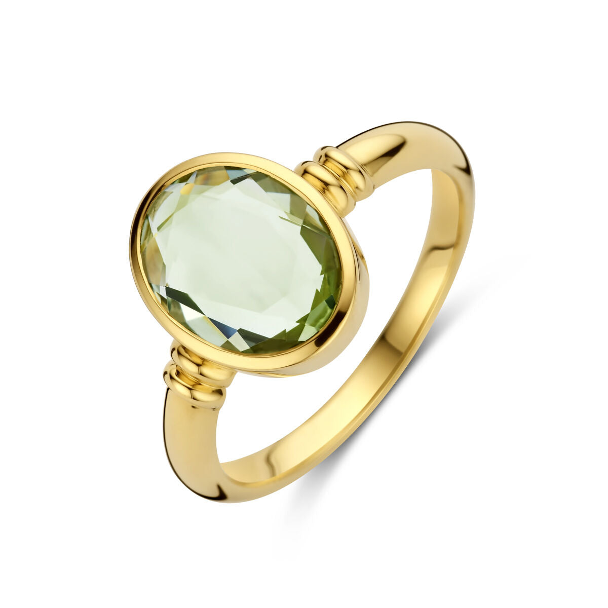 Anello in oro giallo 14K con ametista verde ovale.