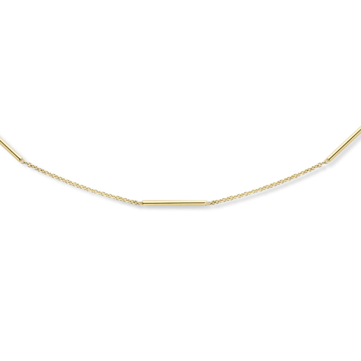 Collana in oro giallo 14K con barretta centrale, lunghezza 43-45 cm e spessore 1,3 mm.