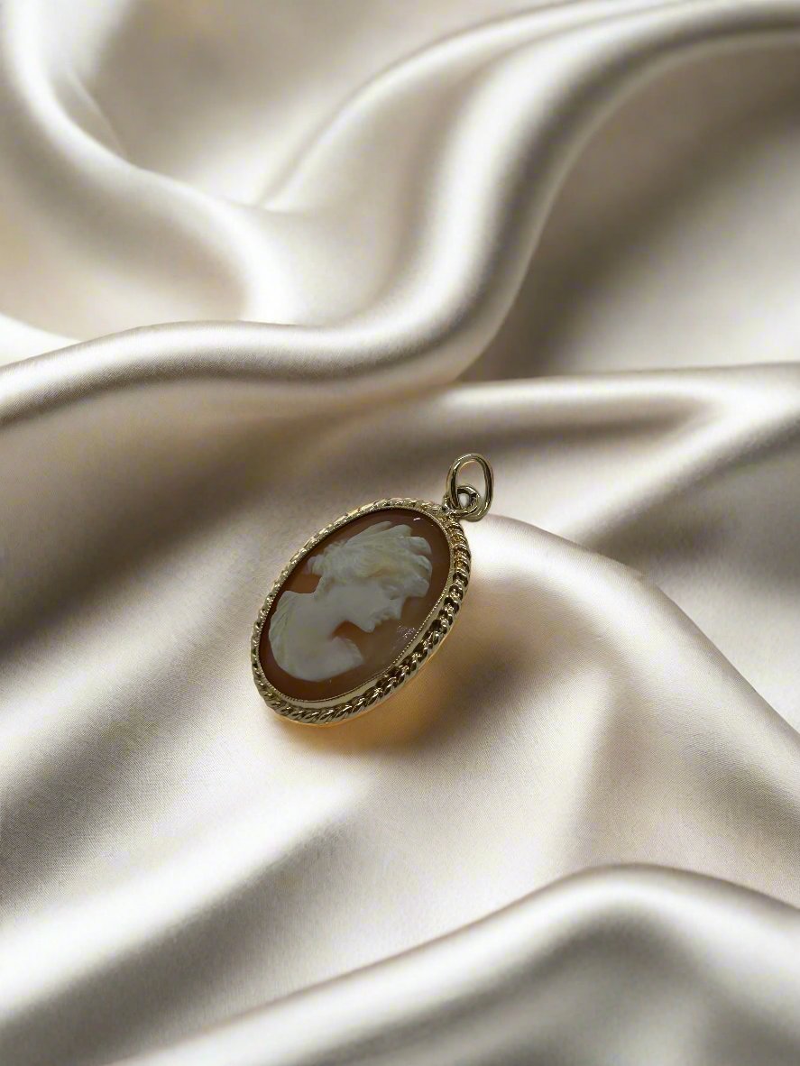 Een vintage gouden hanger van 14k camee (1,8gr) van Juwelier van der Kooij toont een wit silhouet van een vrouwenprofiel op een donkere achtergrond, gevat in een prachtige 14k geelgouden lijst en elegant gepresenteerd op ivoorkleurige satijnen stof.