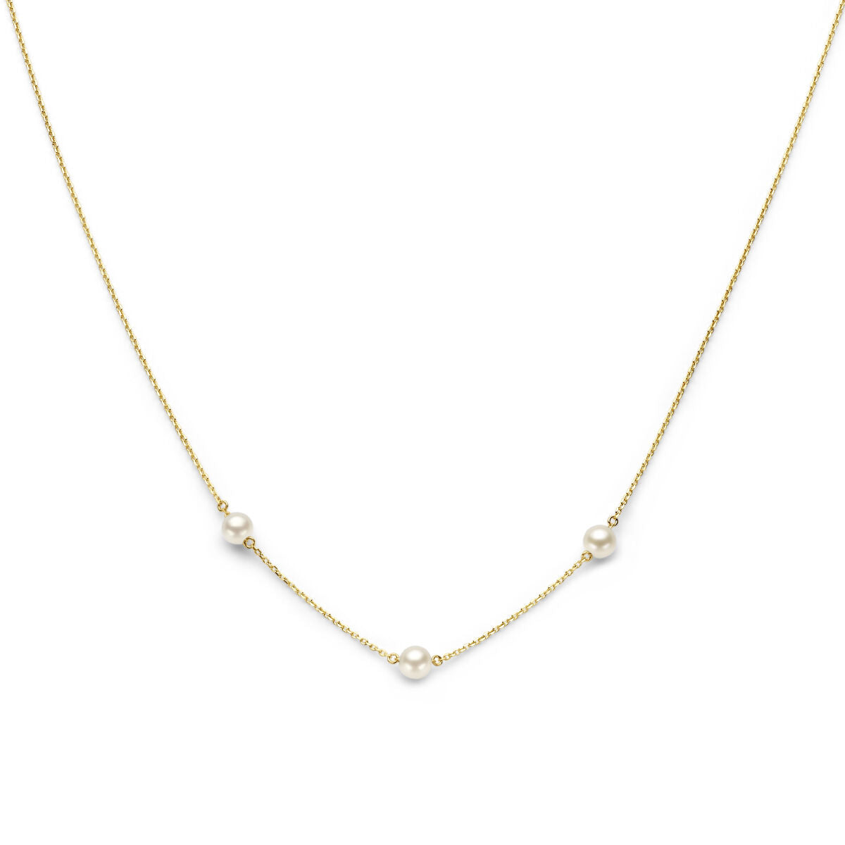 Collana in oro giallo 14K con perle, caratterizzata da una catena sottile e tre perle distribuite.