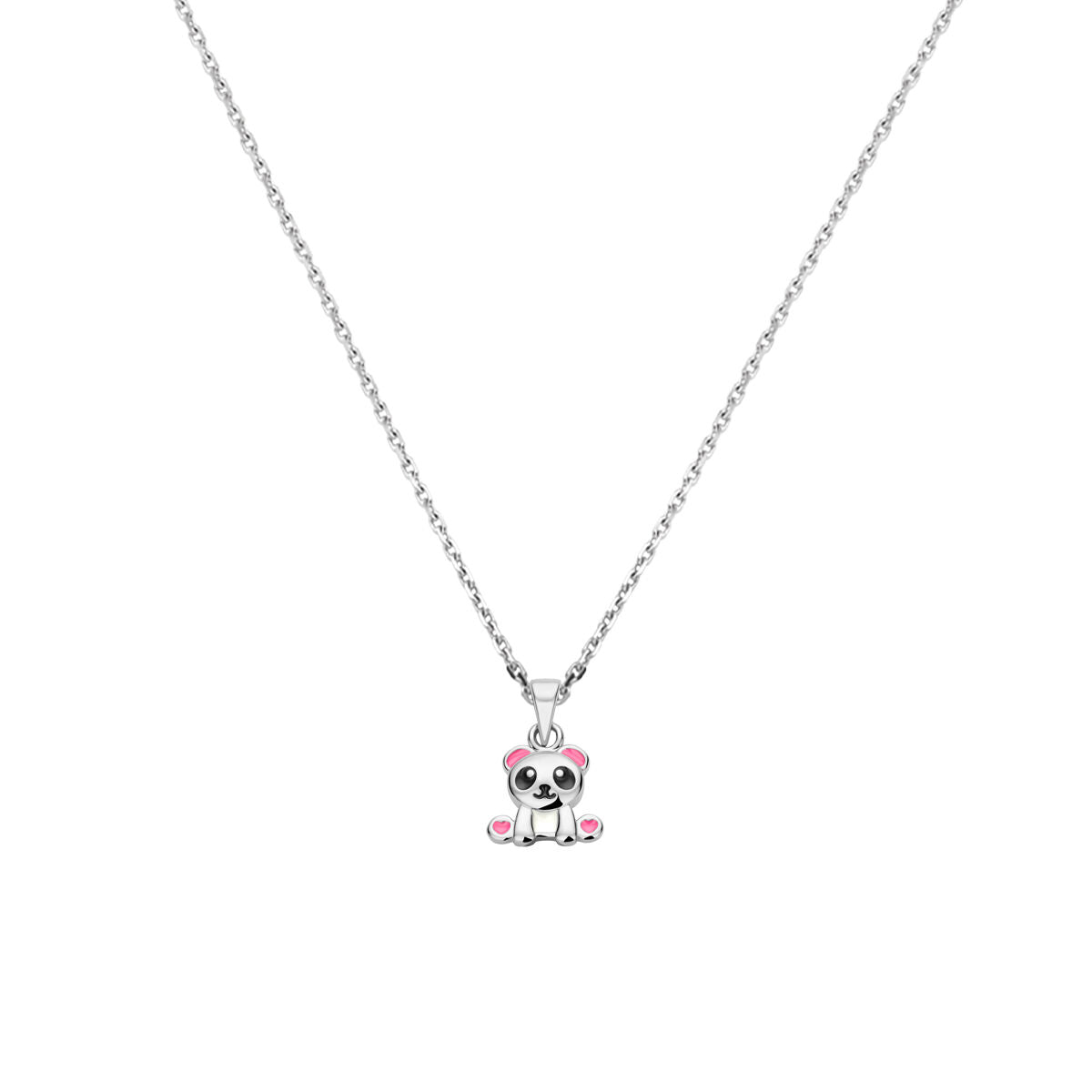Collana in argento rodiato con ciondolo a forma di panda e dettagli rosa.