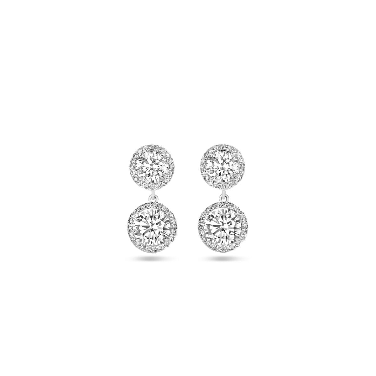 Orecchini in argento rodiato con zirconi, forma rotonda, diametro di 20 mm.