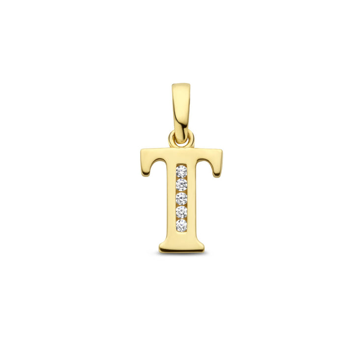 De Van der Kooij Collectie hanger letter zirkonia 14K geelgoud is een T-vormige hanger met vijf fonkelende zirkonia's in een verticale rij, afgebeeld op een effen witte achtergrond.