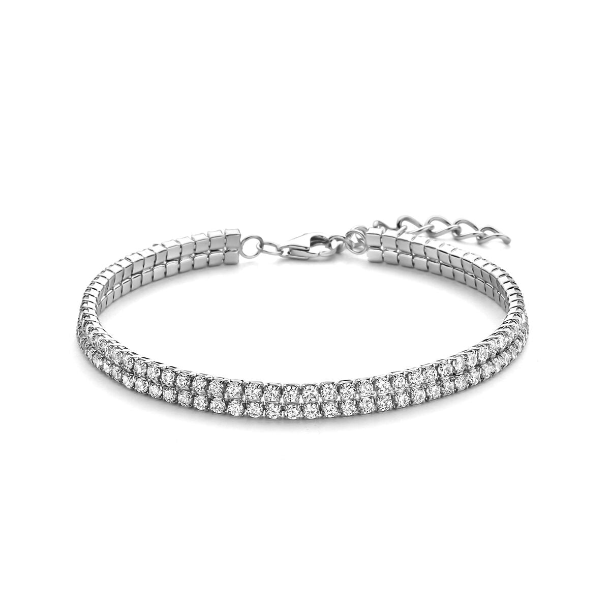 Zilveren armband van gerhodineerd 925 zilver met zirkonia, voorzien van een sluiting en verlengketting.