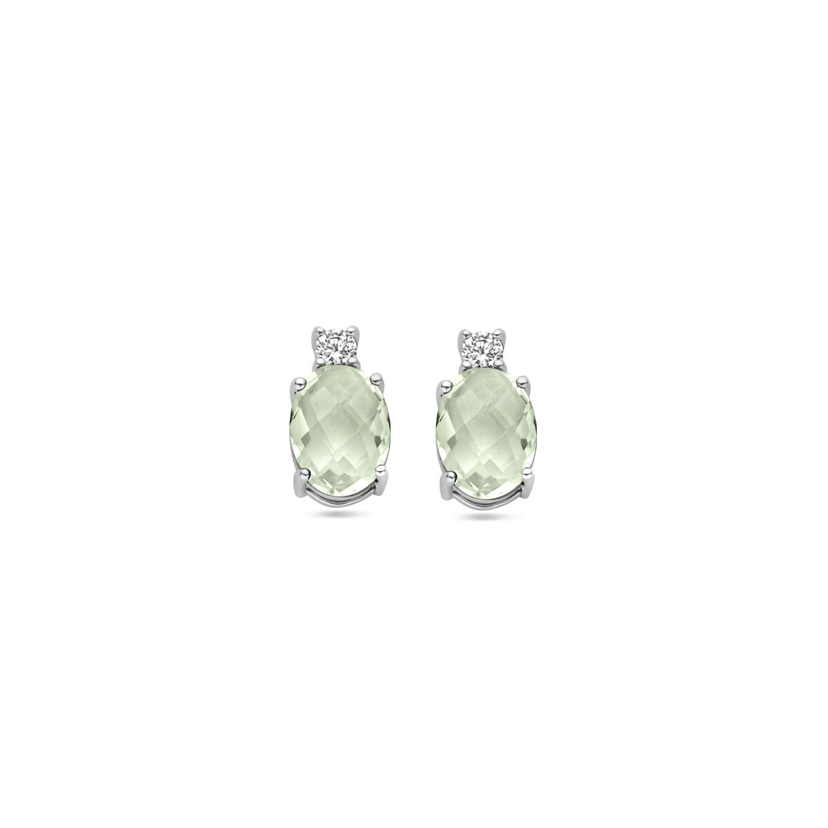 Orecchini in argento rodiato con pietra verde di ametista e zirconi, forma ovale, dimensione 10,5 mm.