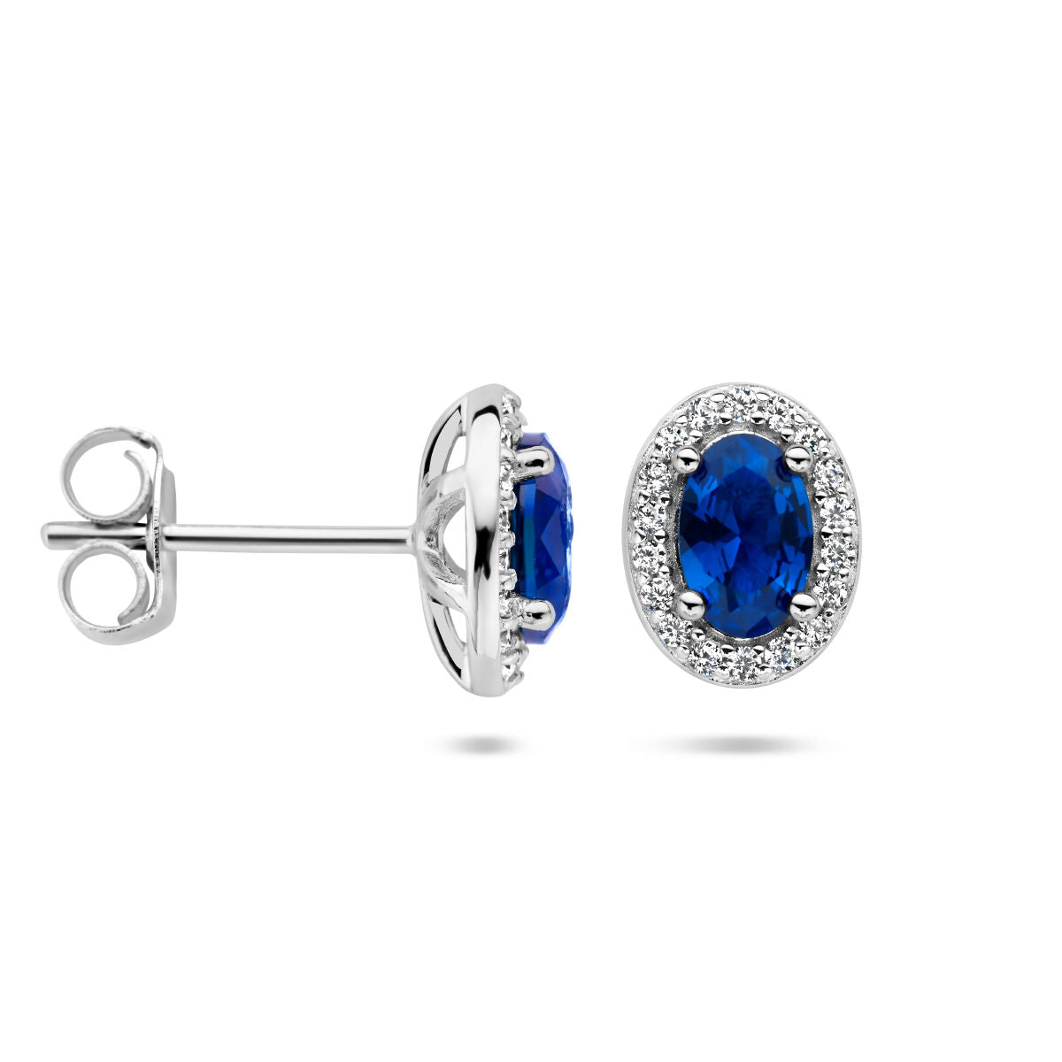 orecchini a bottone blu e bianco zirconia alone argento rodiato