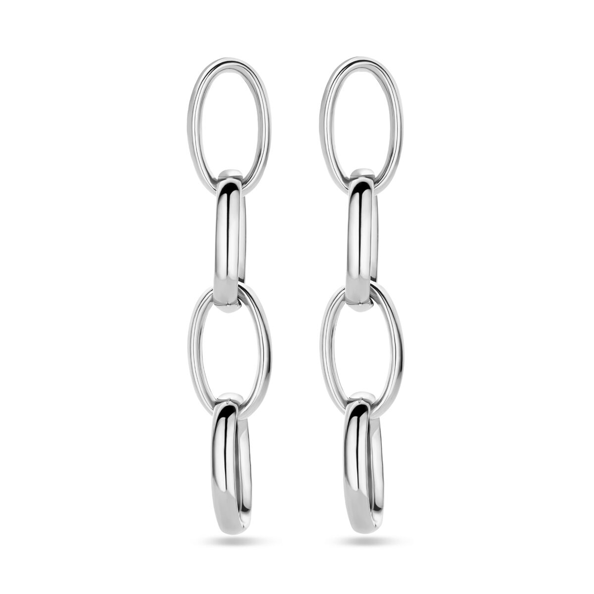 Orecchini pendenti a catena in argento rodiato, lunghi 50 mm.