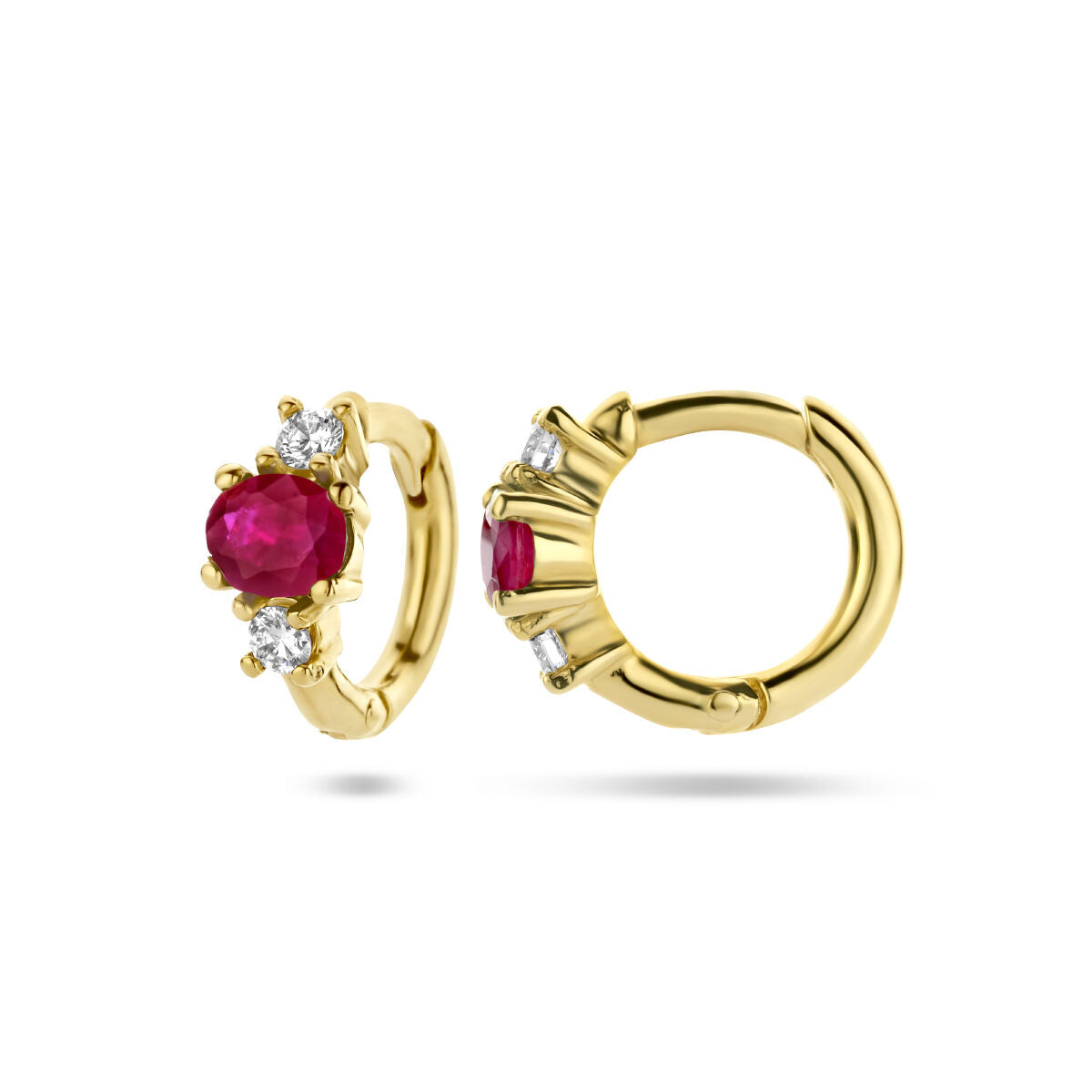 orecchini a cerchio rubino e diamante 0.10ct (2x0.05ct) h si oro giallo 14K