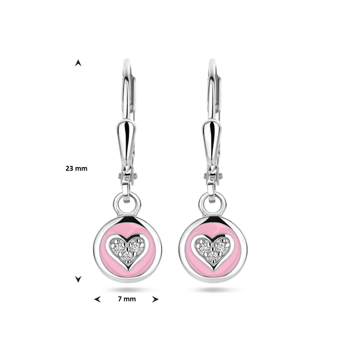 orecchini pendenti cuore zircone e smalto rosa gancio a brisura argento rodiato