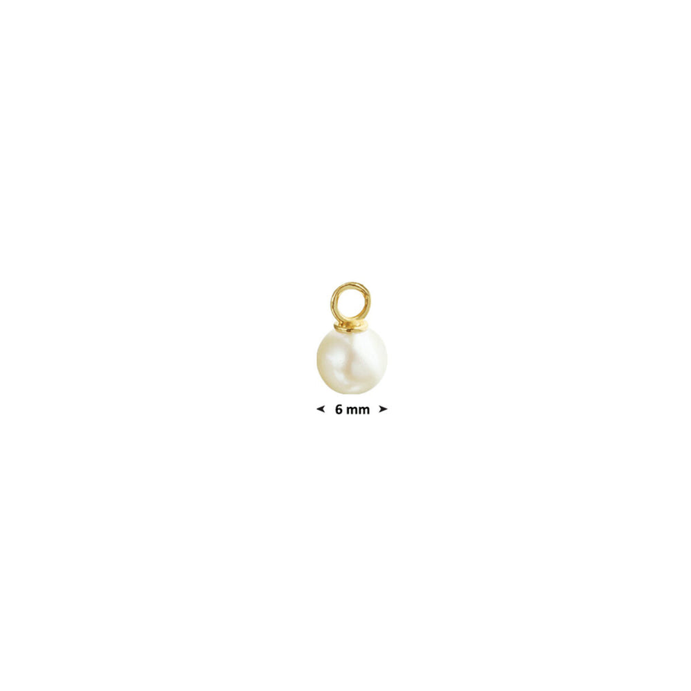 De Van der Kooij Collectie oorringhanger parel per stuk 14K geelgoud heeft een kleine witte parel met een gouden lus, 6 mm in diameter, afgebeeld op een effen witte achtergrond.