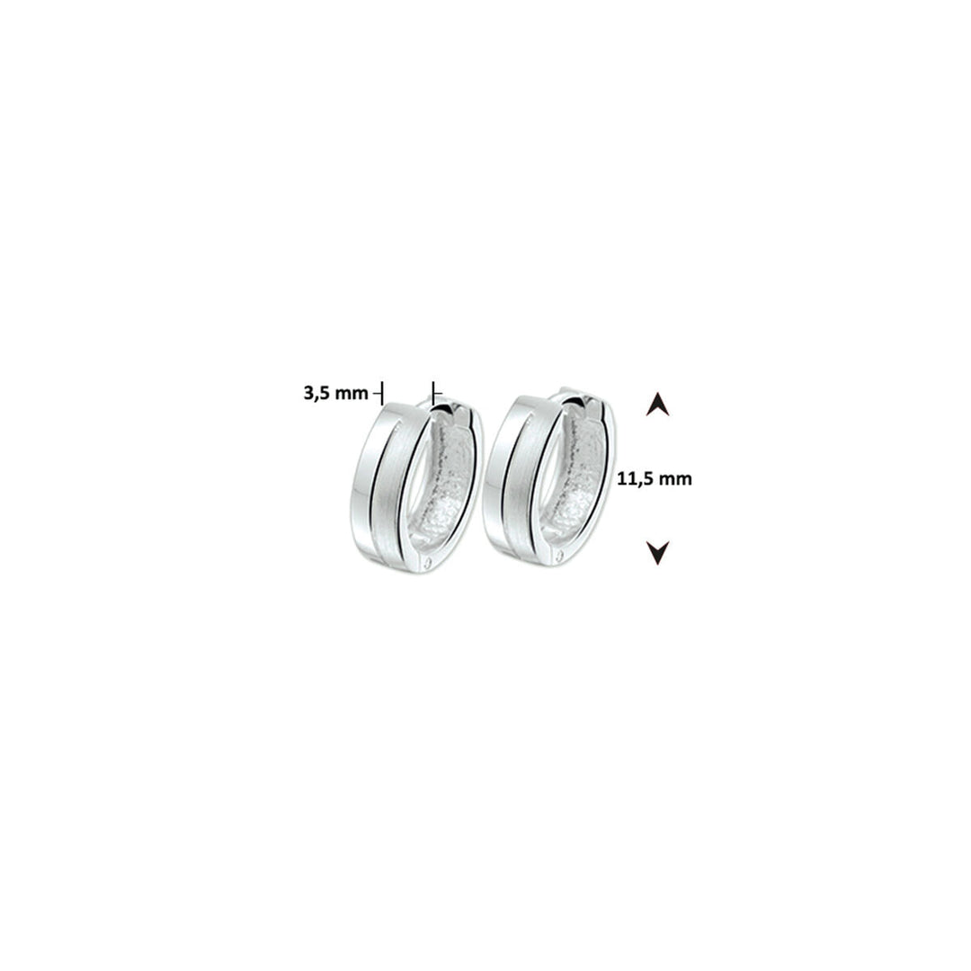 Een paar Van der Kooij Collectie klapoorringen vlak poli/mat gerhodineerd zilver voor dames, elk 3,5 mm breed en 11,5 mm in diameter, afgebeeld op een witte ondergrond met maataanduidingen.