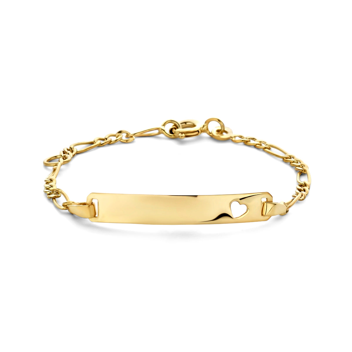 Bracciale in oro giallo 9k con placca rettangolare e cuore inciso, catena a maglia.
