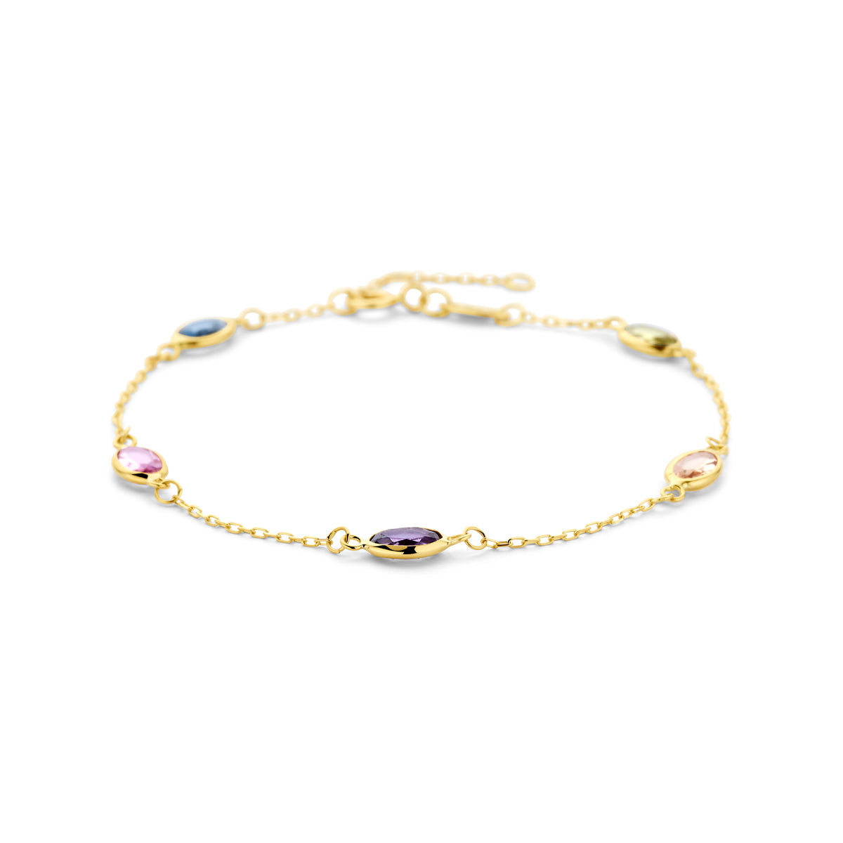 Bracciale in oro giallo 9k con pietre sintetiche di diverse forme e colori.